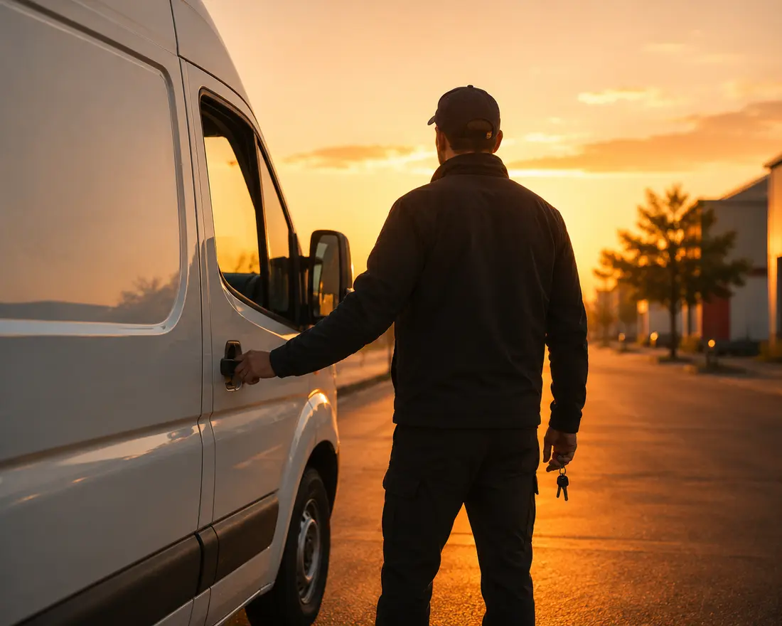 A driver at sunrise opening the door of a white cargo van, keys in hand, ready to start the shift