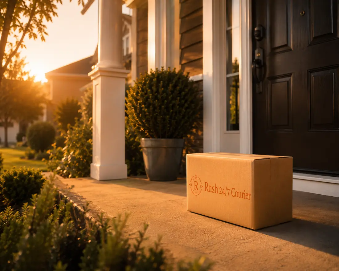 A Rush 24/7 Courier parcel delivered safely at the front door of a home at golden hour