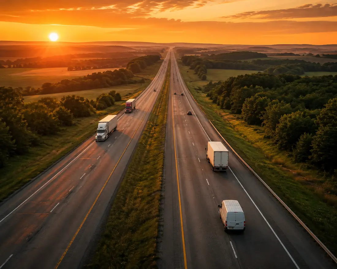 Aerial view of an American interstate at sunset with trucks and a white courier van heading down the coast