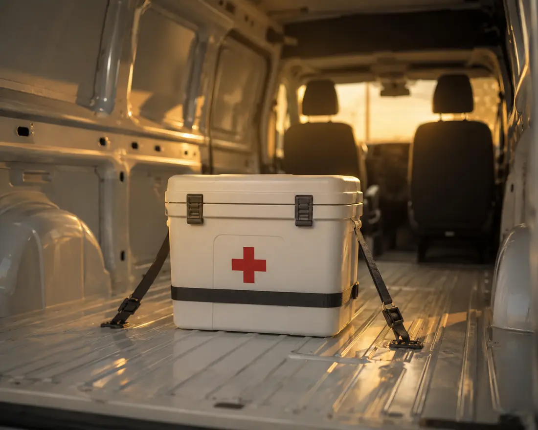 A sealed white medical cooler with a red cross, strapped down inside a Rush 24/7 courier van at golden hour