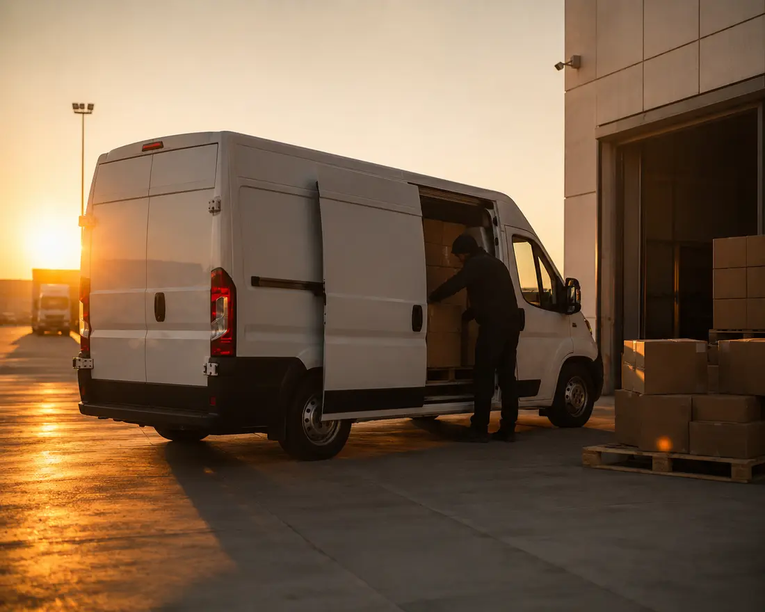 A courier loading boxes into a white cargo van at a warehouse dock in early morning light