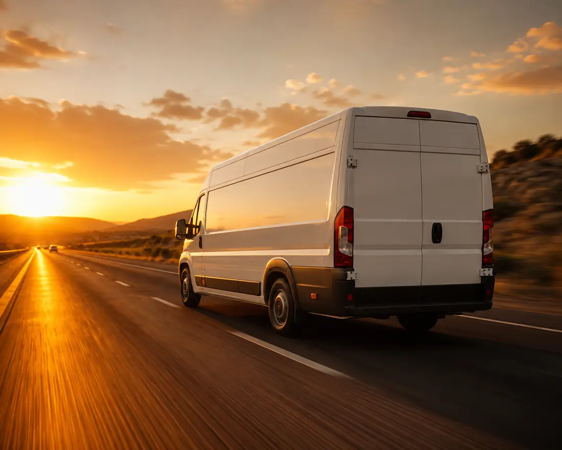 A white cargo van driving down the highway at sunset on a same-day delivery run